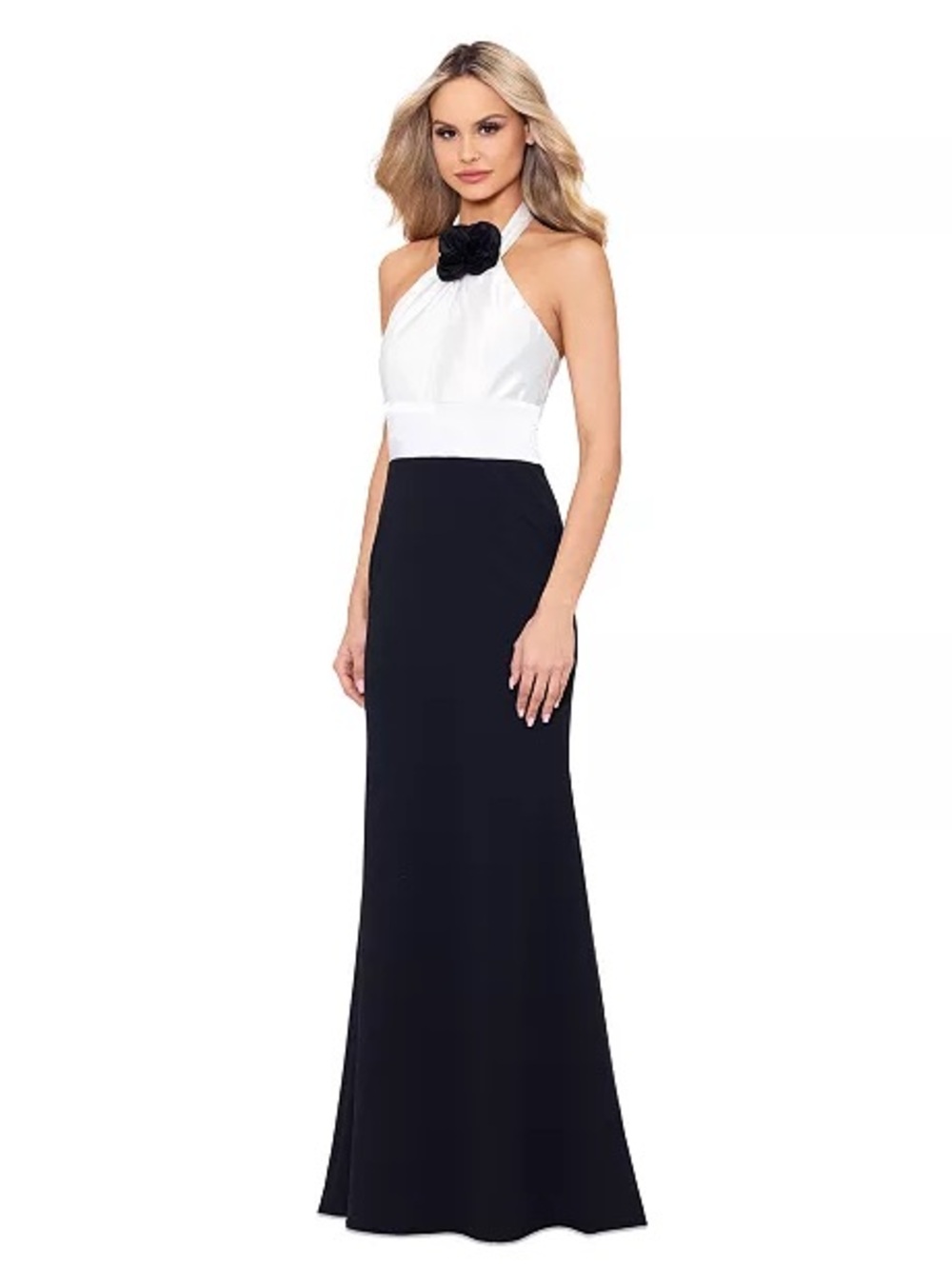Betsy & Adam Black and White Halter Maxi Dress with Floral Accent